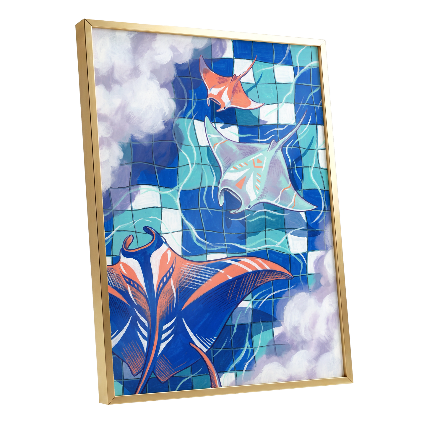 Manta Mosaic, blue, green, orange nature wall art shown as a gold framed poster wall art print