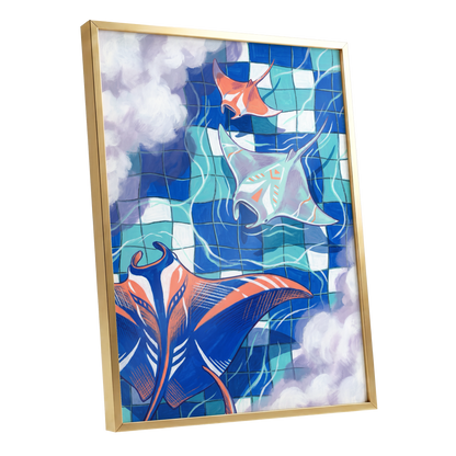 Manta Mosaic, blue, green, orange nature wall art shown as a gold framed poster wall art print
