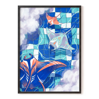 Manta Mosaic, blue, green, orange nature wall art, front artwork view