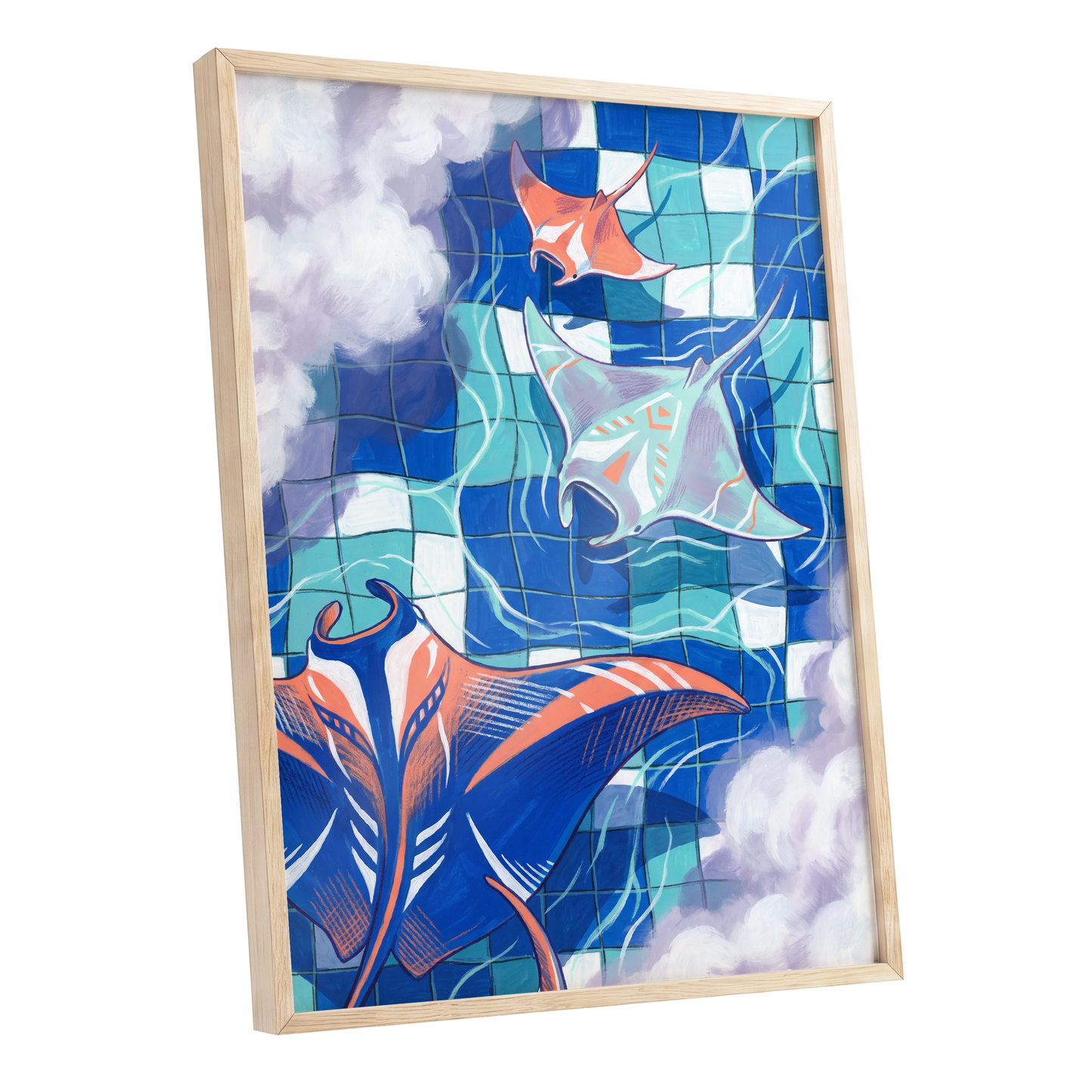Manta Mosaic, blue, green, orange nature wall art shown as a oak framed poster wall art print