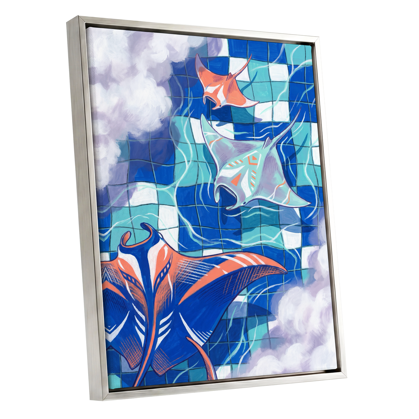 Manta Mosaic, blue, green, orange nature wall art shown as a silver framed canvas wall art