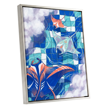 Manta Mosaic, blue, green, orange nature wall art shown as a silver framed canvas wall art