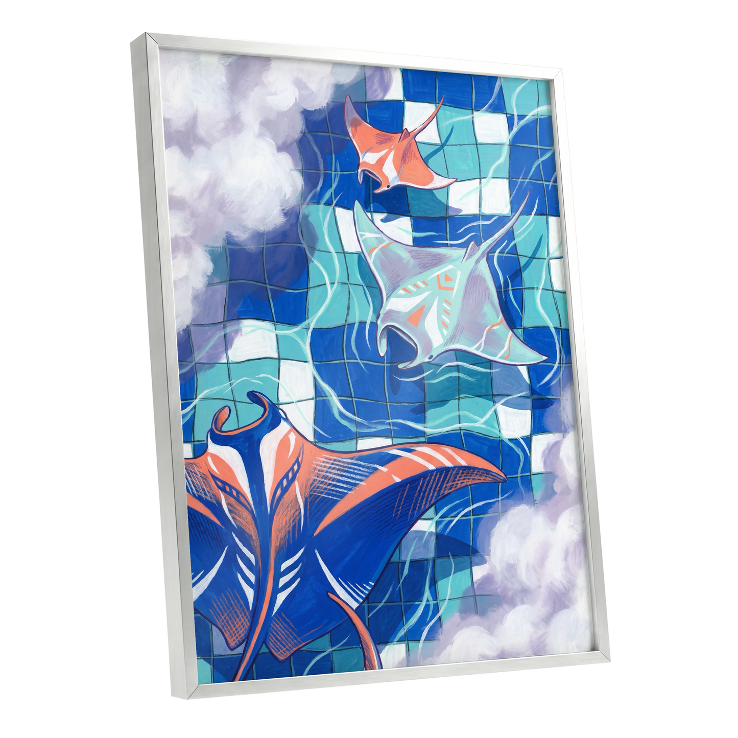 Manta Mosaic, blue, green, orange nature wall art shown as a silver framed poster wall art print