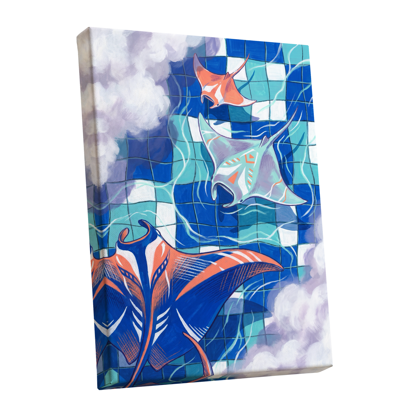 Manta Mosaic, blue, green, orange nature wall art shown as a stretched canvas wall art