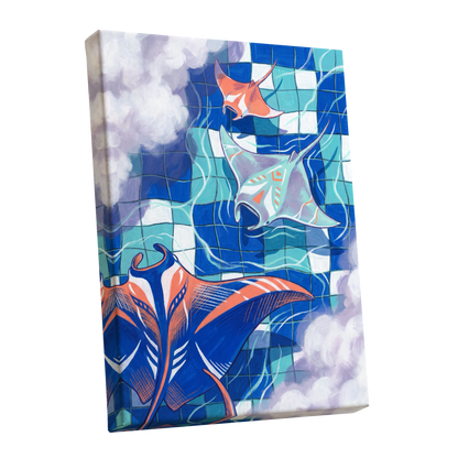 Manta Mosaic, blue, green, orange nature wall art shown as a stretched canvas wall art
