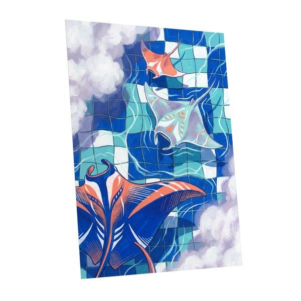 Manta Mosaic, blue, green, orange nature wall art shown as a unframed poster wall art print