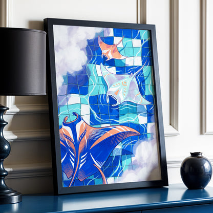 Manta Mosaic, blue, green, orange nature wall art displayed in a styled interior, gallery view 2
