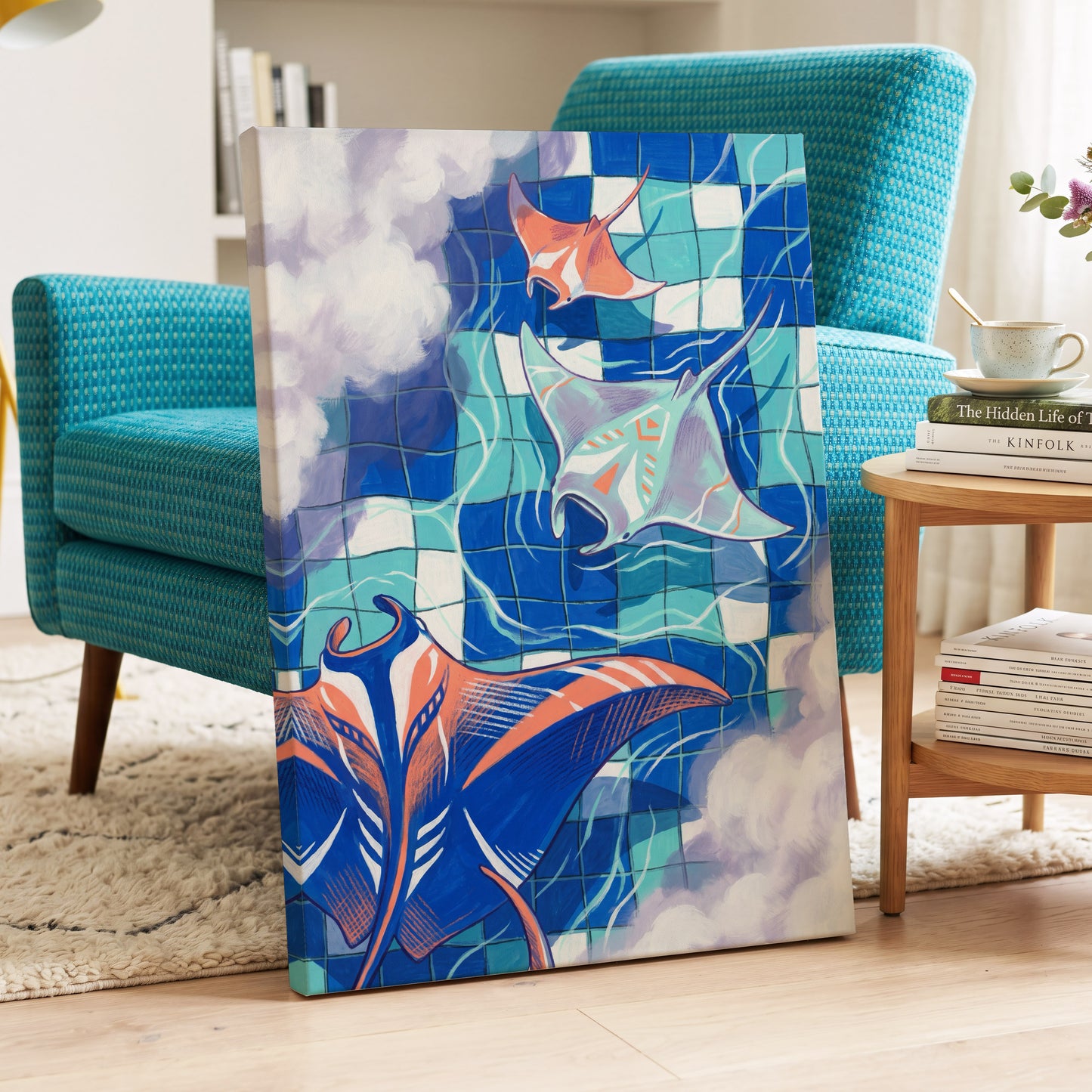 Manta Mosaic, blue, green, orange nature wall art displayed in a styled interior, gallery view 3