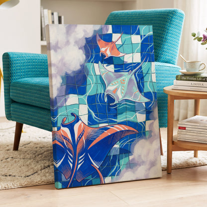 Manta Mosaic, blue, green, orange nature wall art displayed in a styled interior, gallery view 3