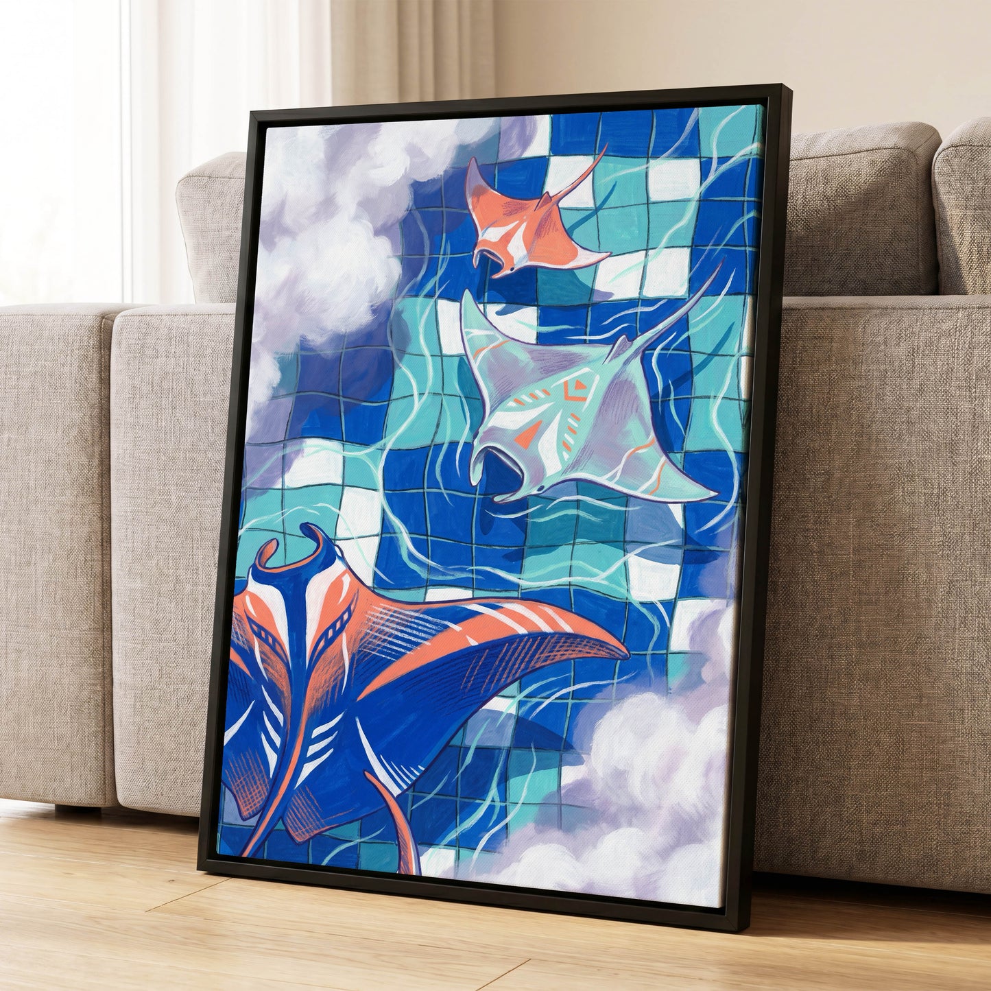 Manta Mosaic, blue, green, orange nature wall art displayed in a styled interior, gallery view 4