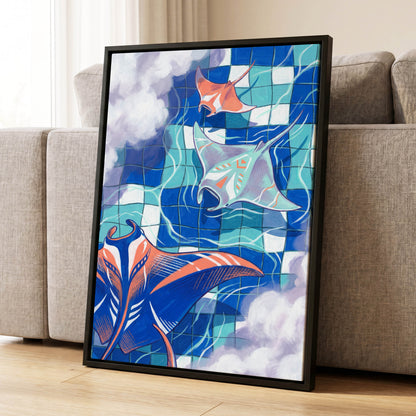 Manta Mosaic, blue, green, orange nature wall art displayed in a styled interior, gallery view 4