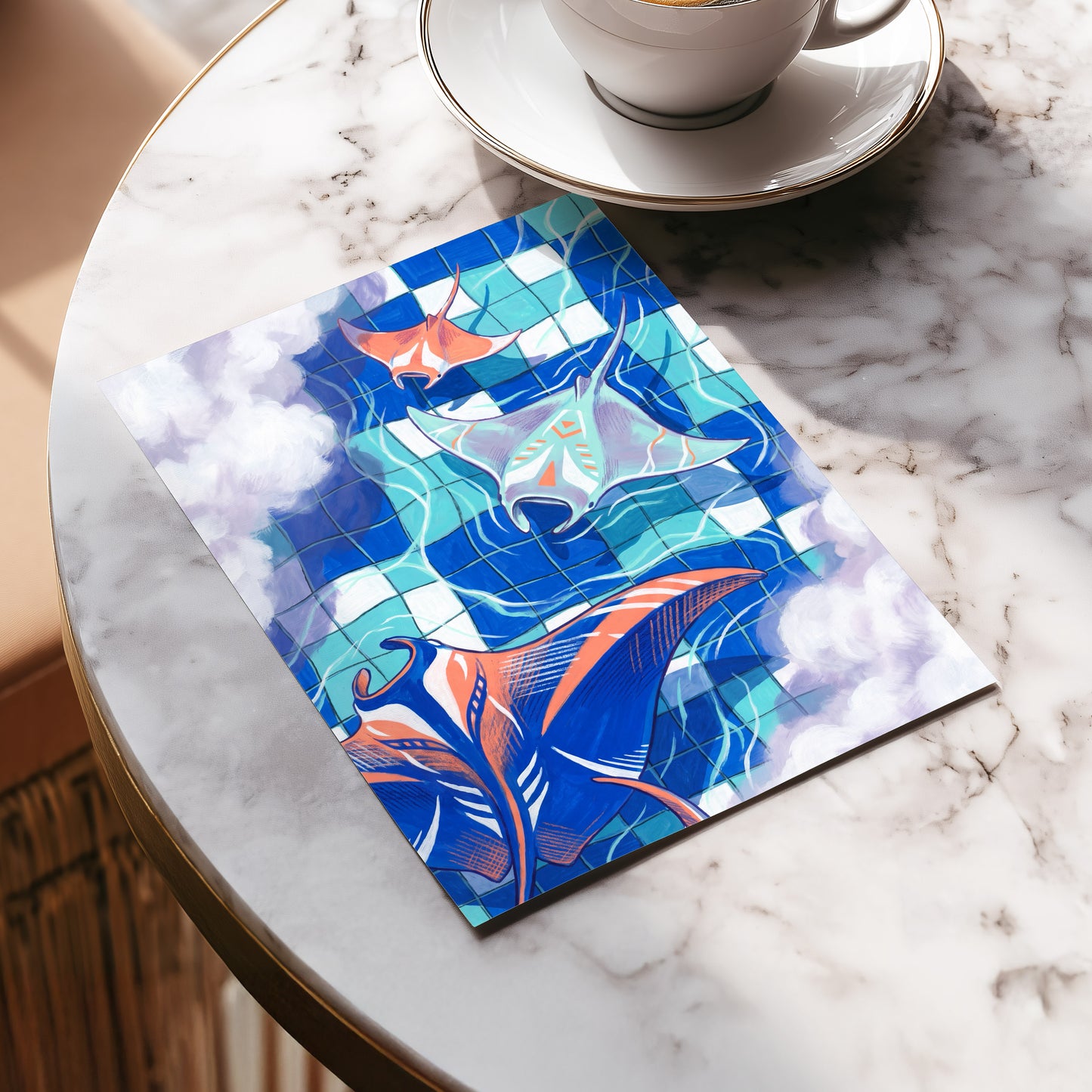 Manta Mosaic, blue, green, orange nature wall art displayed in a styled interior, gallery view 5