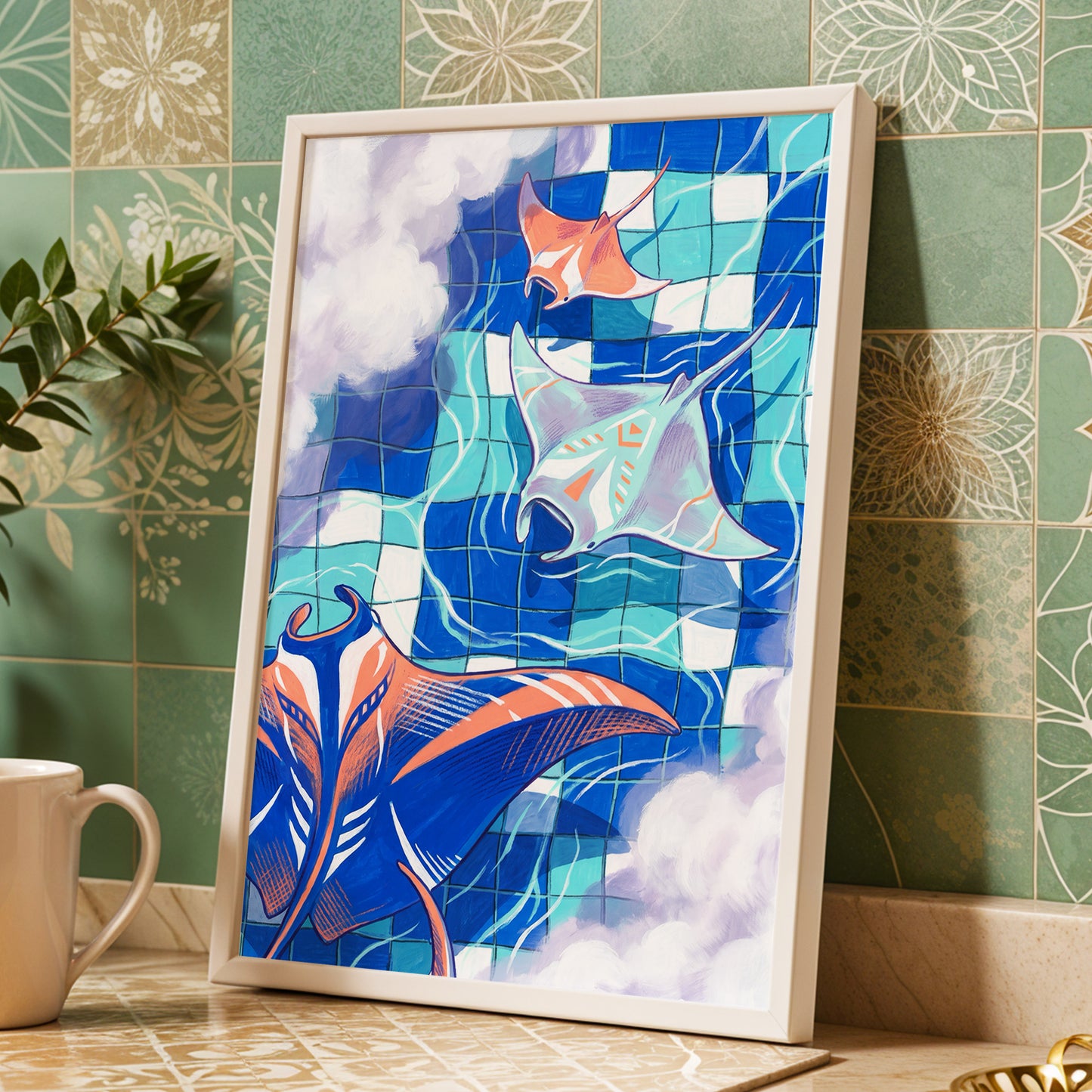 Manta Mosaic, blue, green, orange nature wall art displayed in a styled interior, gallery view 6