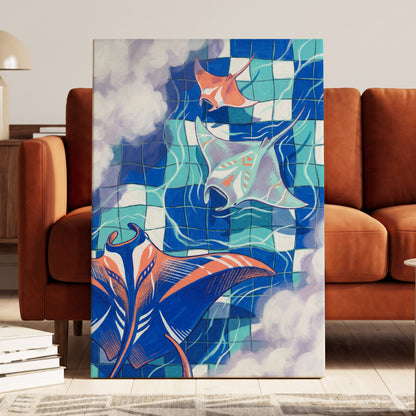 Manta Mosaic, blue, green, orange nature wall art displayed in a styled interior, gallery view 7
