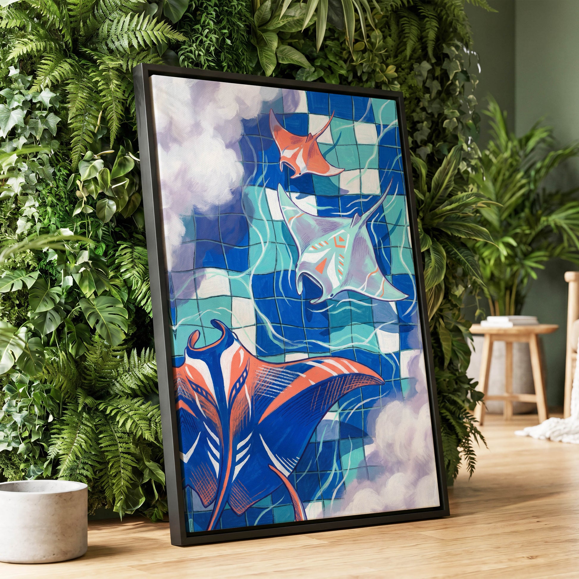 Manta Mosaic, blue, green, orange nature wall art displayed in a styled interior, gallery view 8