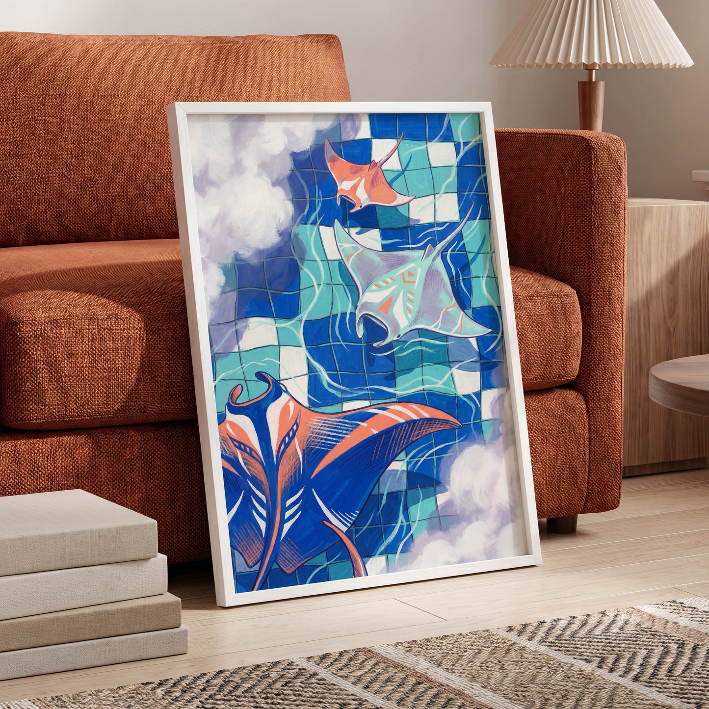Manta Mosaic, blue, green, orange nature wall art displayed in a styled interior, gallery view 9