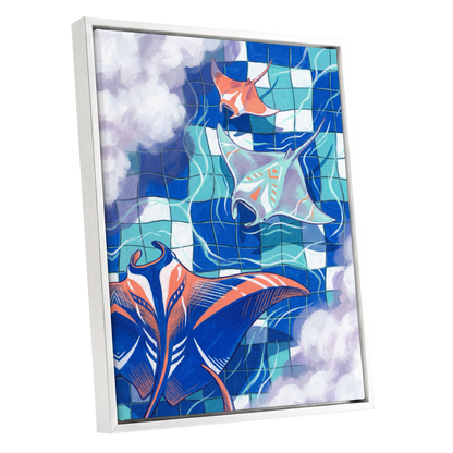 Manta Mosaic, blue, green, orange nature wall art shown as a white framed canvas wall art