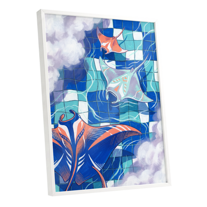 Manta Mosaic, blue, green, orange nature wall art shown as a white framed poster wall art print