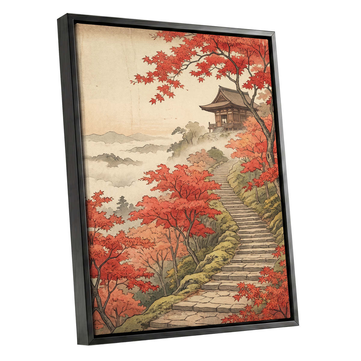 Maple Stairway, red, orange, beige nature wall art shown as a black framed canvas wall art