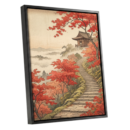 Maple Stairway, red, orange, beige nature wall art shown as a black framed canvas wall art