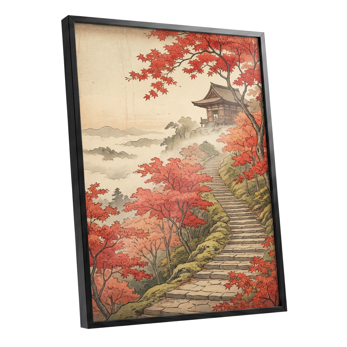 Maple Stairway, red, orange, beige nature wall art shown as a black framed poster wall art print