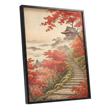 Maple Stairway, red, orange, beige nature wall art shown as a black framed poster wall art print