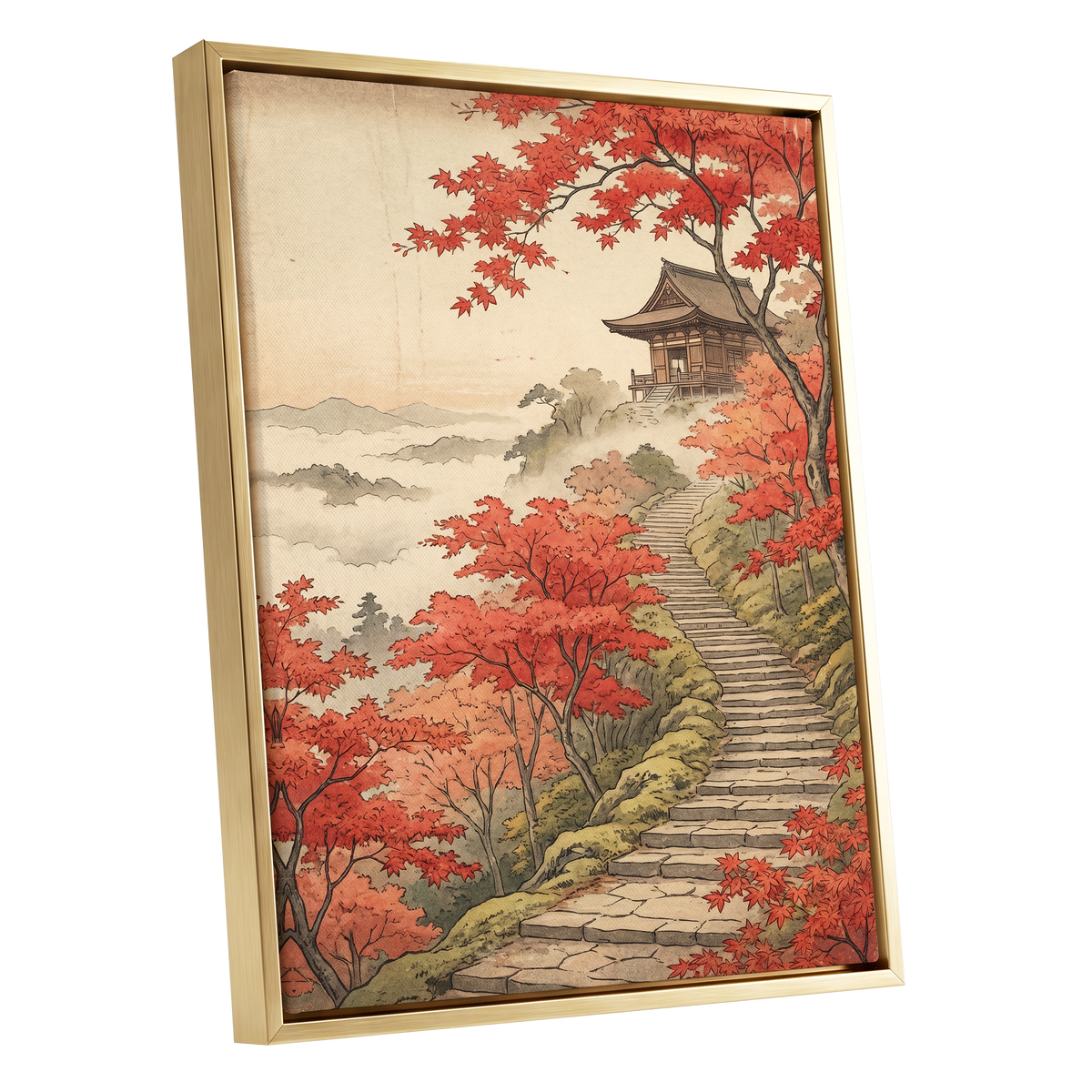 Maple Stairway, red, orange, beige nature wall art shown as a gold framed canvas wall art