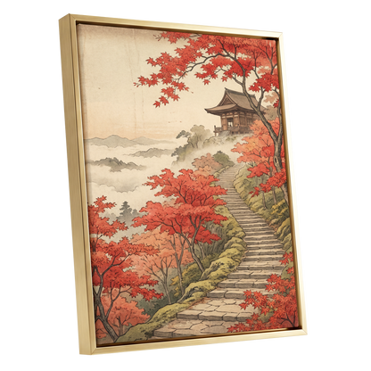 Maple Stairway, red, orange, beige nature wall art shown as a gold framed canvas wall art