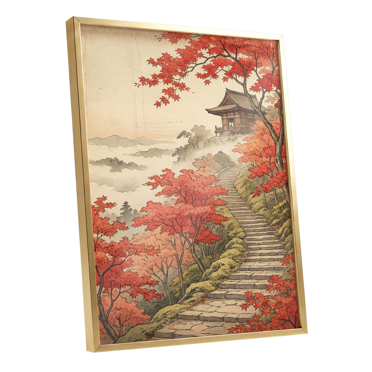 Maple Stairway, red, orange, beige nature wall art shown as a gold framed poster wall art print