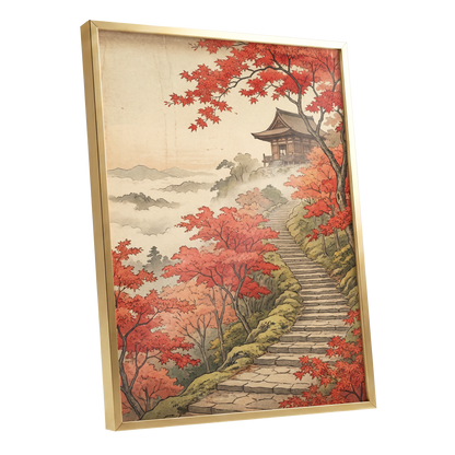 Maple Stairway, red, orange, beige nature wall art shown as a gold framed poster wall art print