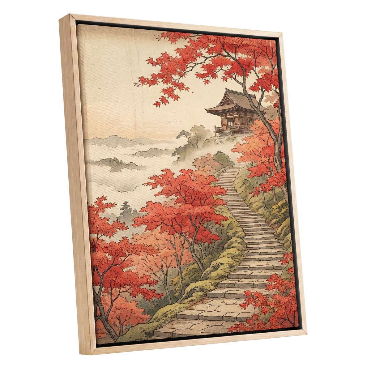 Maple Stairway, red, orange, beige nature wall art shown as a oak framed canvas wall art
