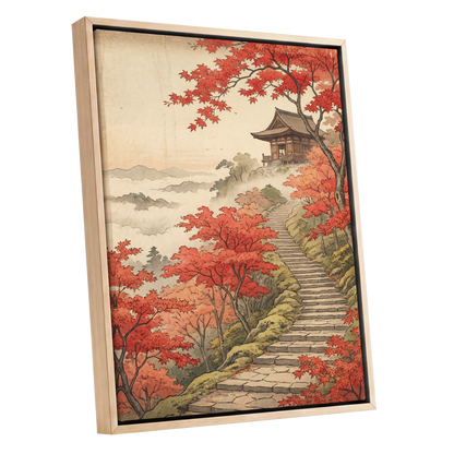 Maple Stairway, red, orange, beige nature wall art shown as a oak framed canvas wall art
