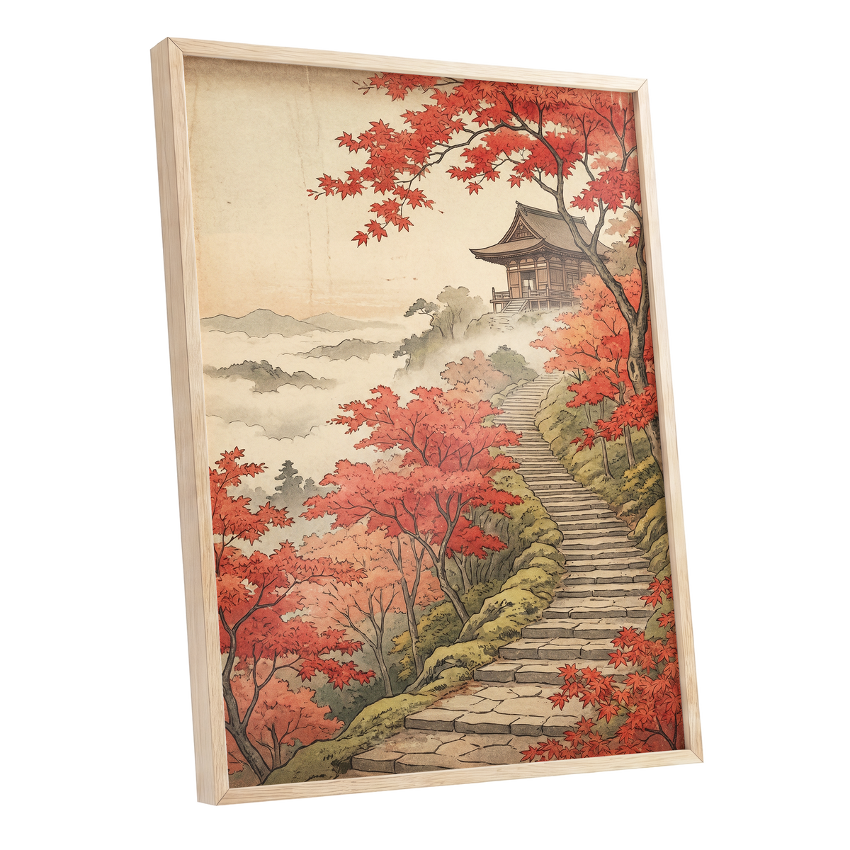 Maple Stairway, red, orange, beige nature wall art shown as a oak framed poster wall art print