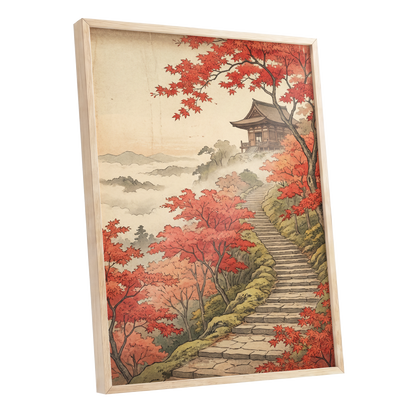 Maple Stairway, red, orange, beige nature wall art shown as a oak framed poster wall art print