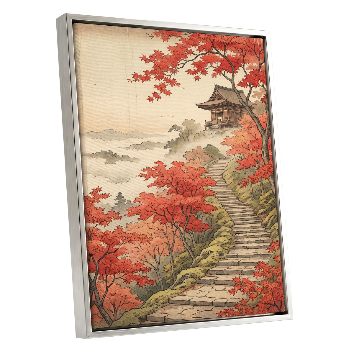 Maple Stairway, red, orange, beige nature wall art shown as a silver framed canvas wall art