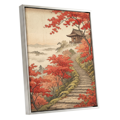 Maple Stairway, red, orange, beige nature wall art shown as a silver framed canvas wall art