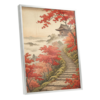 Maple Stairway, red, orange, beige nature wall art shown as a silver framed poster wall art print