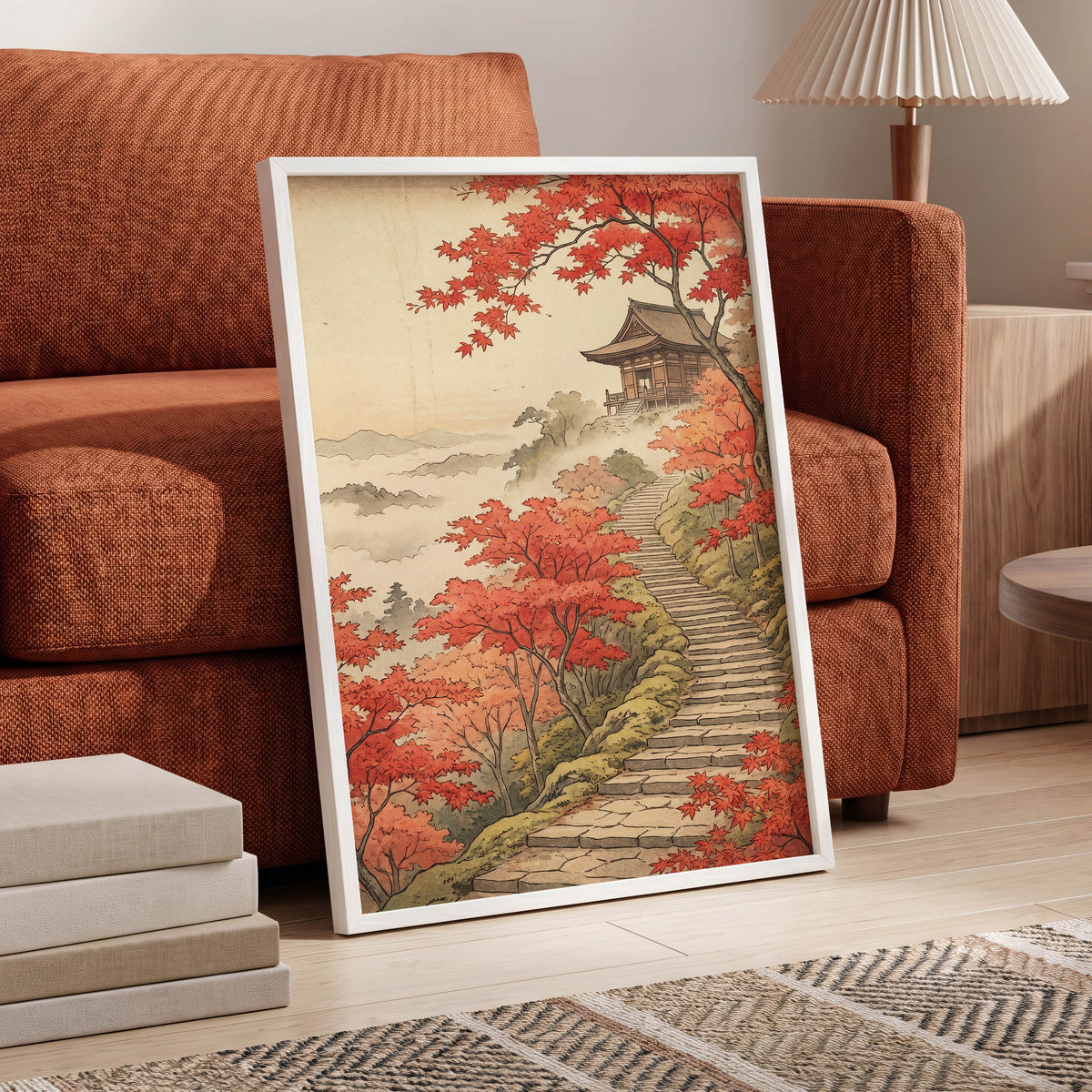 Maple Stairway, red, orange, beige nature wall art displayed in a styled interior, gallery view 2