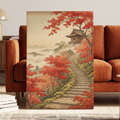 Maple Stairway, red, orange, beige nature wall art displayed in a styled interior, gallery view 3