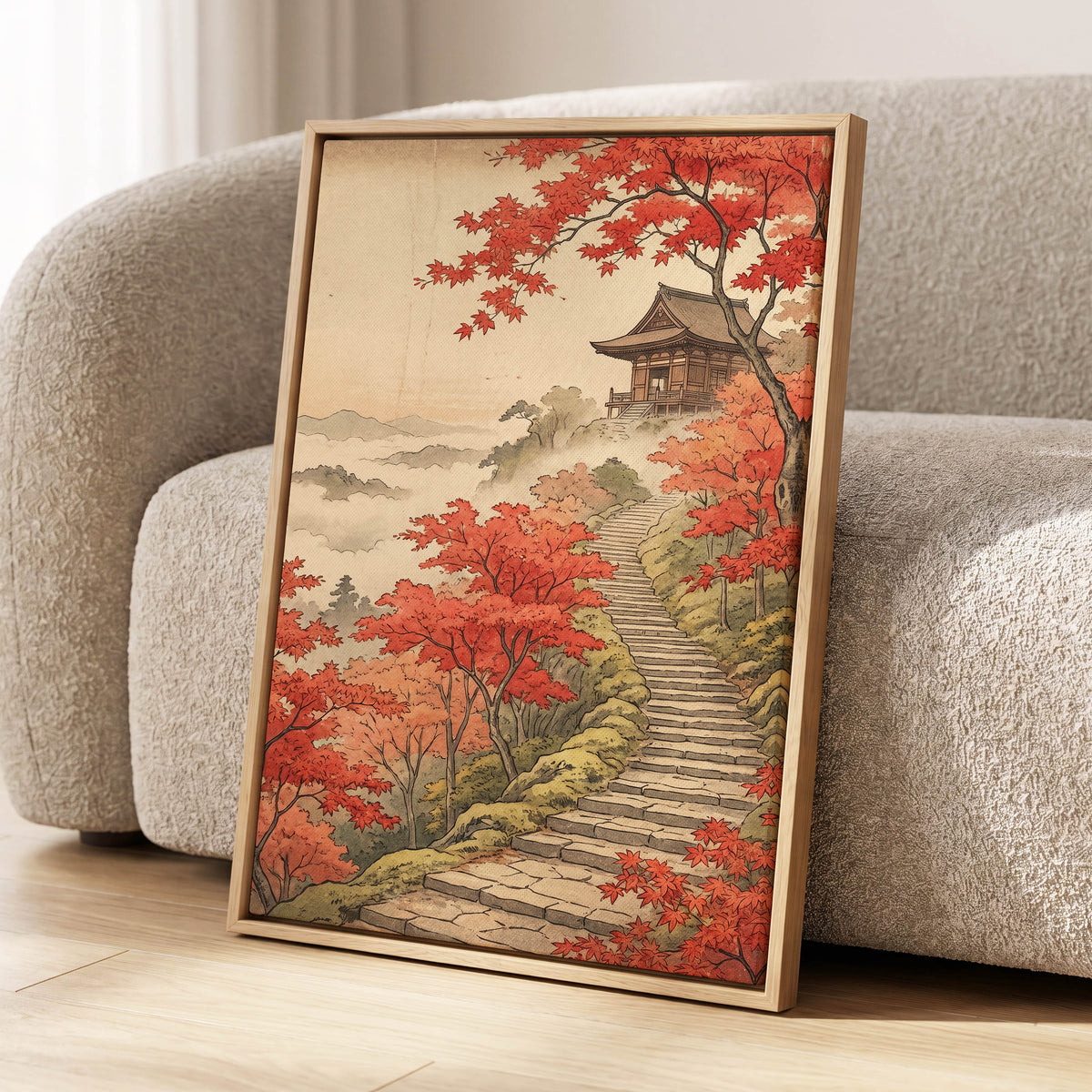 Maple Stairway, red, orange, beige nature wall art displayed in a styled interior, gallery view 4