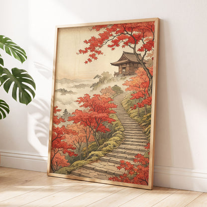 Maple Stairway, red, orange, beige nature wall art displayed in a styled interior, gallery view 6