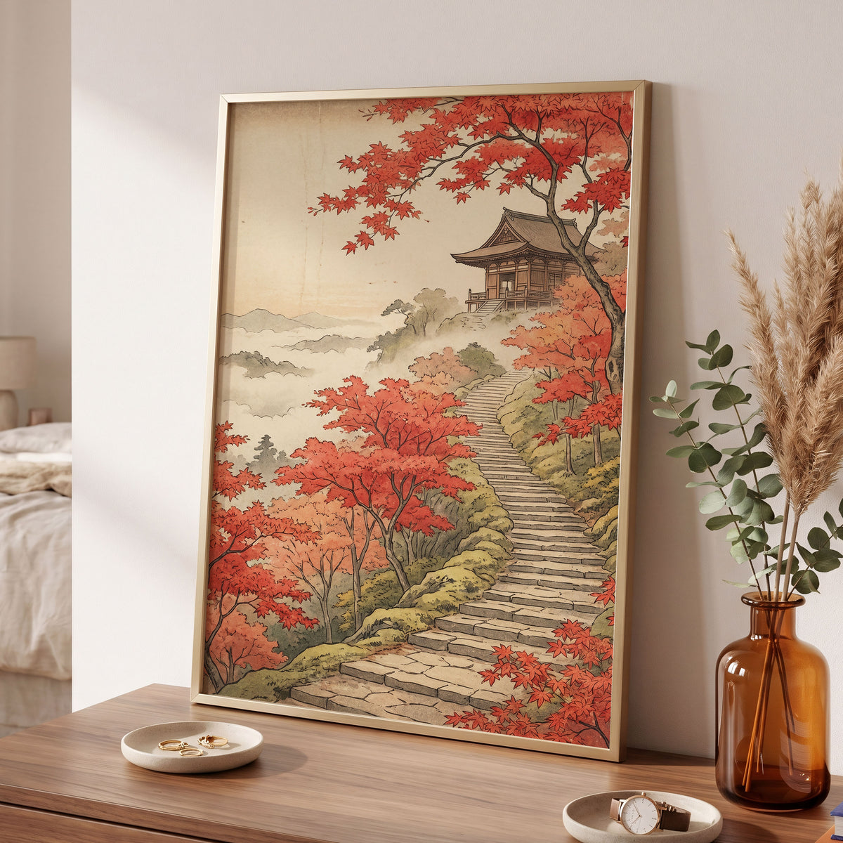 Maple Stairway, red, orange, beige nature wall art displayed in a styled interior, gallery view 9