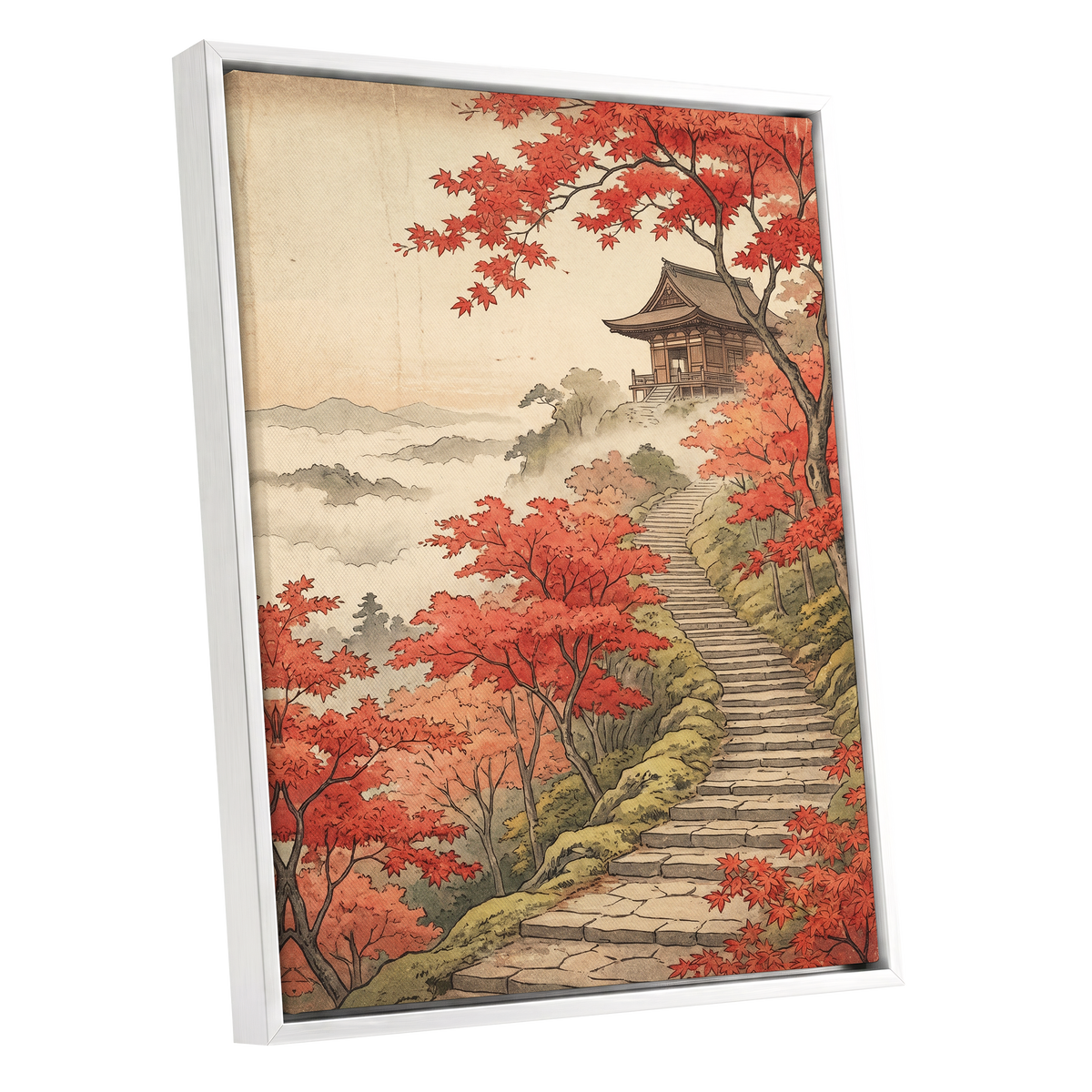 Maple Stairway, red, orange, beige nature wall art shown as a white framed canvas wall art