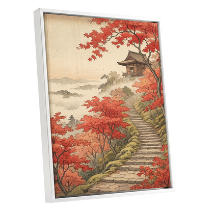 Maple Stairway, red, orange, beige nature wall art shown as a white framed canvas wall art