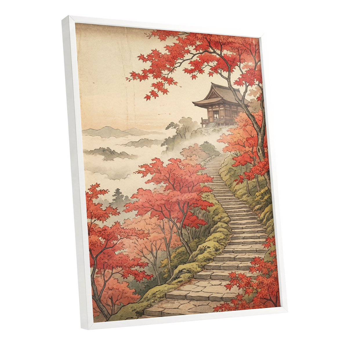 Maple Stairway, red, orange, beige nature wall art shown as a white framed poster wall art print