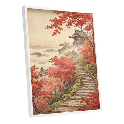 Maple Stairway, red, orange, beige nature wall art shown as a white framed poster wall art print