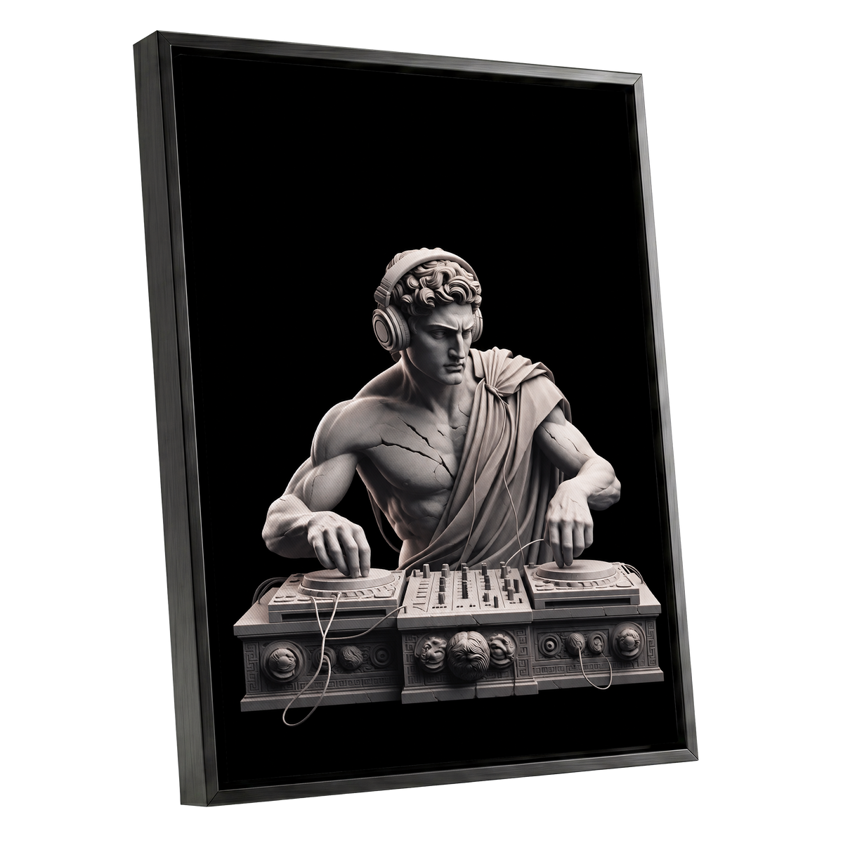 Marble Mixmaster, black, gray, white minimalist wall art shown as a black framed canvas wall art