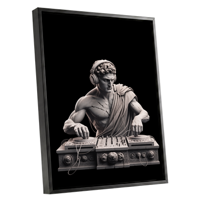 Marble Mixmaster, black, gray, white minimalist wall art shown as a black framed canvas wall art