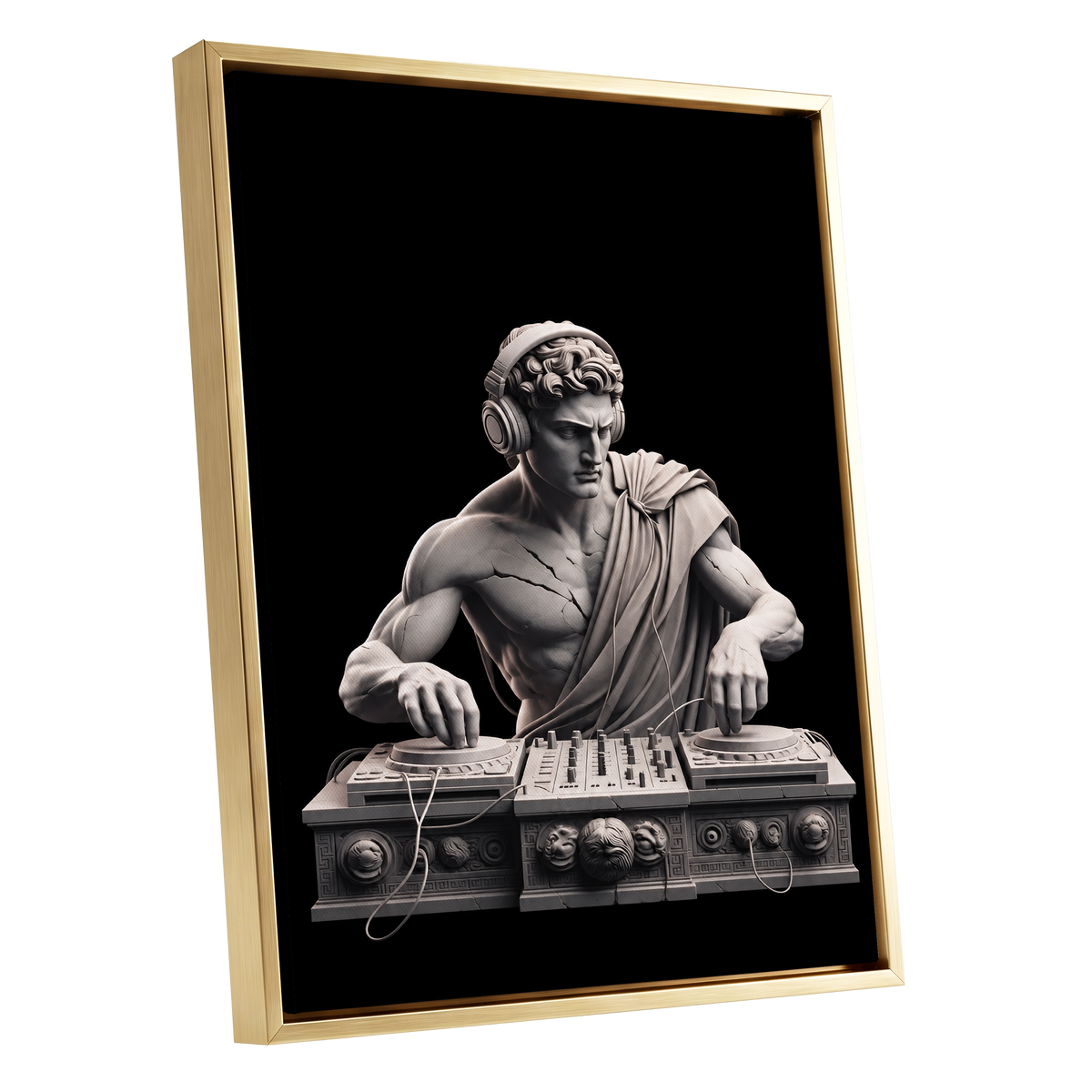 Marble Mixmaster, black, gray, white minimalist wall art shown as a gold framed canvas wall art