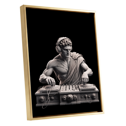 Marble Mixmaster, black, gray, white minimalist wall art shown as a gold framed canvas wall art